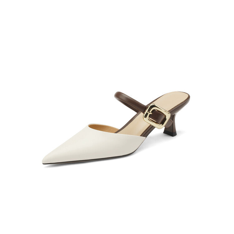New Women's Beige and Brown Color Block Metal Square Buckle Pointed Toe Kitten Heel Closed Toe Half Slippers