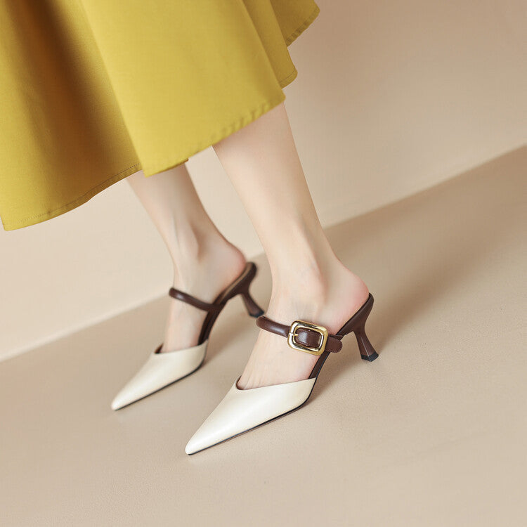 New Women's Beige and Brown Color Block Metal Square Buckle Pointed Toe Kitten Heel Closed Toe Half Slippers