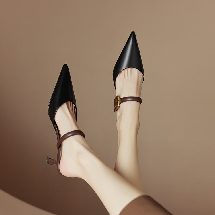 New Women's Beige and Brown Color Block Metal Square Buckle Pointed Toe Kitten Heel Closed Toe Half Slippers