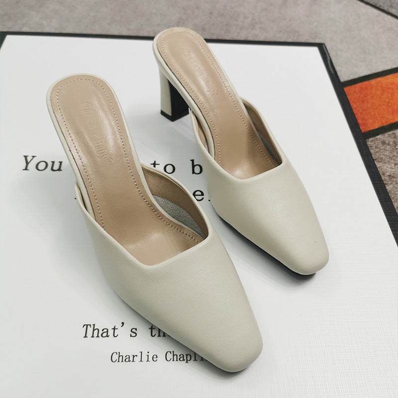 Stylish square-toe chunky-heeled closed-toe mules for women, perfect for summer wear.